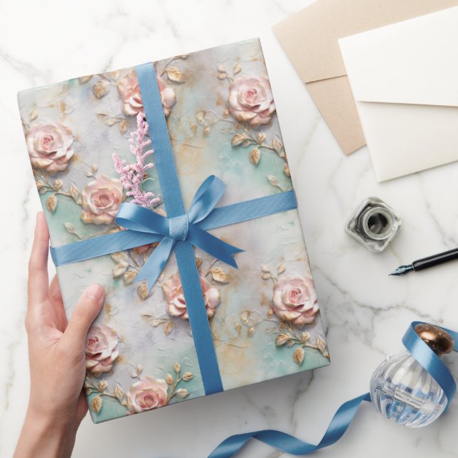 Papel De Presente Belos Rosas Românticos Cinza Rosa Românticos (Presentear)