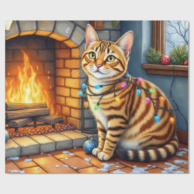 Papel De Presente Bengal Cat Fireplace with Christmas Lights (Aberto)