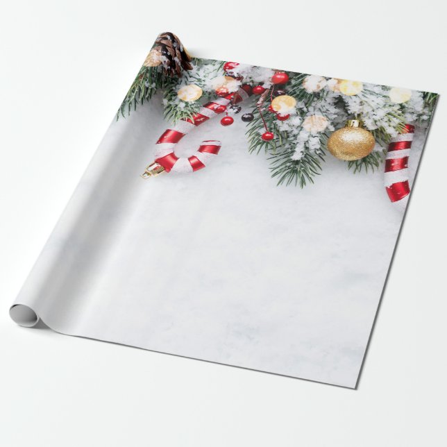 Papel De Presente Bengala, Ramos de Pinheiro, Bolas (Desenrolado)