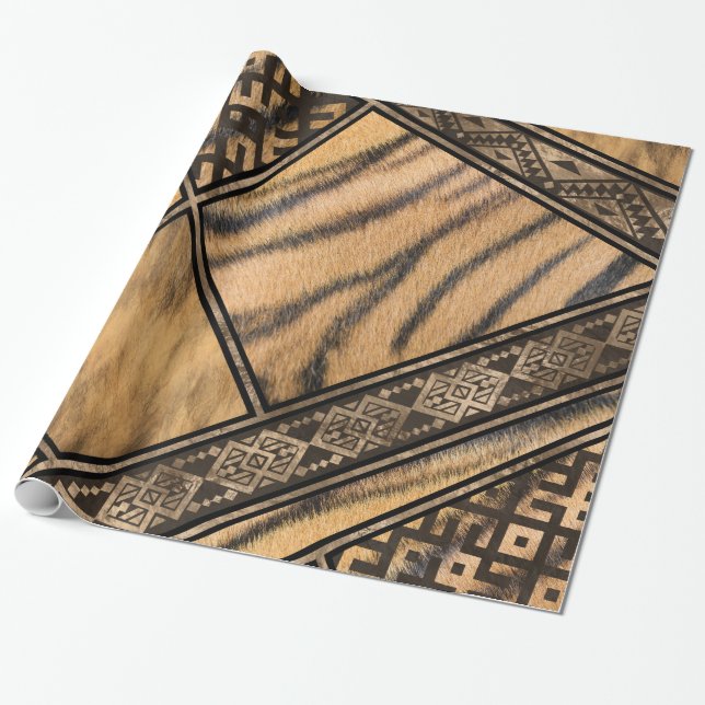 Papel De Presente Bengala Tigre Pele com Ornamentos Étnicos #1 (Desenrolado)