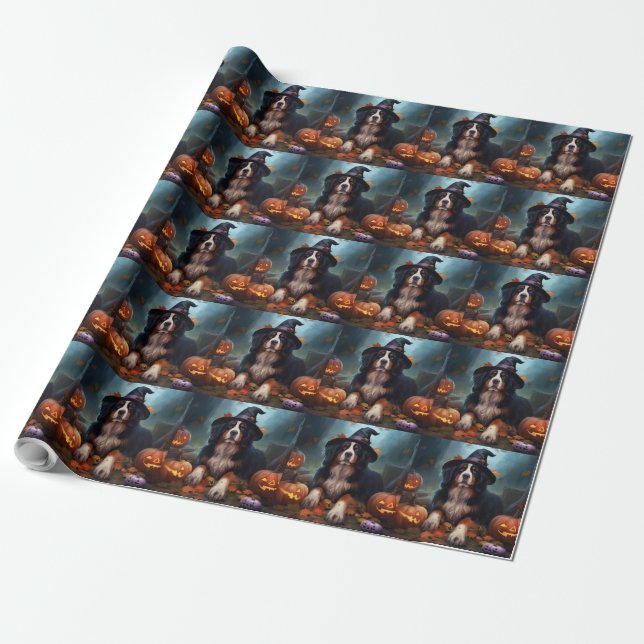 Papel De Presente Bernese Mountain Pumpkins Halloween Assustado (Desenrolado)