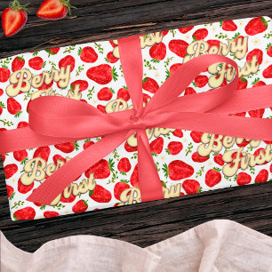 Papel De Presente Berry 1º Aniversário Rosa Branco Morango Dourado
