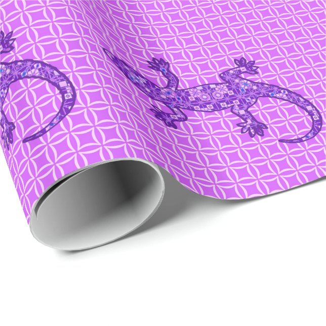 Papel De Presente Bíblia Tribal Gecko - violeta e ametista roxo (Ponta do rolo)