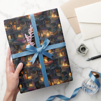 Papel De Presente Biblioteca de Fantasia Livros Flutuantes Velas Mág