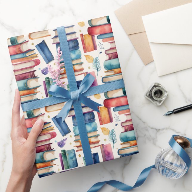 Papel De Presente Biblioteca de Livros de Aquarela Caprichosa Leitur (Presentear)