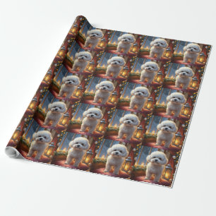 Papel De Presente Bichon Frise Com Luzes De Natal Feriado