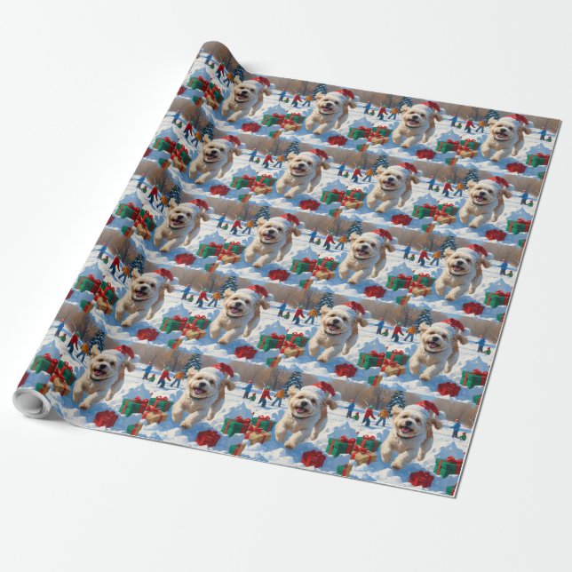 Papel De Presente Bichon Frise Natal Cena de Neve Festiva (Desenrolado)