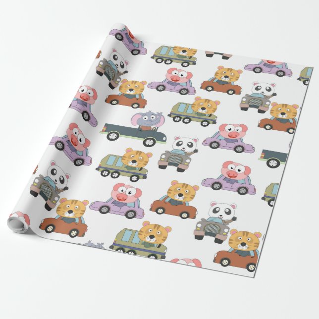 Papel De Presente Bichos Cachorros No Padrão De Carros (Desenrolado)