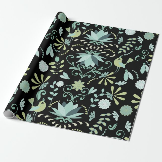 Papel De Presente Bicicletas brancas floresce padrão preto azul (Desenrolado)