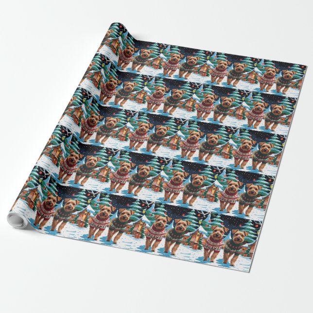 Papel De Presente Biewer Terrier Dogs Christmas Snow Holiday (Desenrolado)
