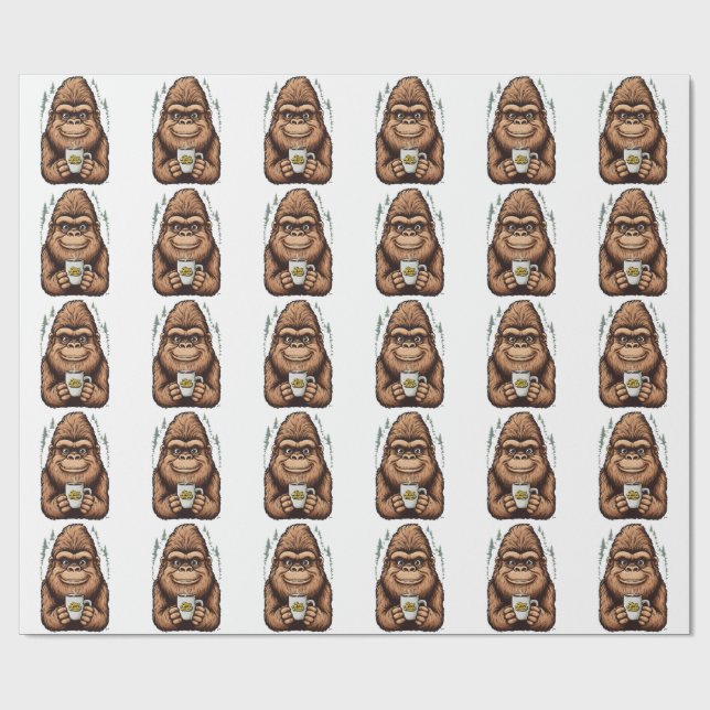 Papel De Presente Bigfoot Fofo Bebendo Café Sasquatch Divertido  (Aberto)