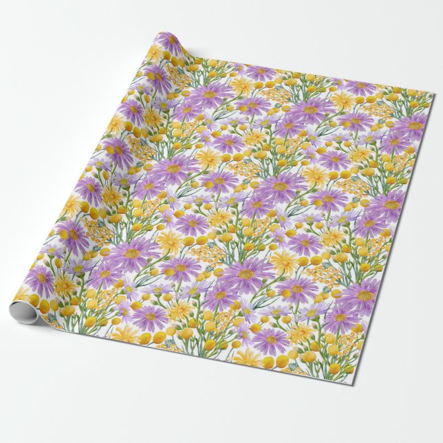 Papel De Presente Billy Buttons E Daisy Floral Blooms (Desenrolado)