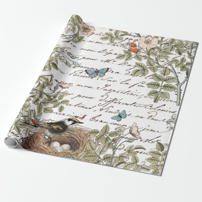 Papel De Presente Bird Nest Rosa Borboleta Rosa Dourada Script Franc (Desenrolado)