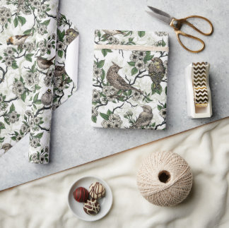 Papel De Presente Birds and cherry blossom on white