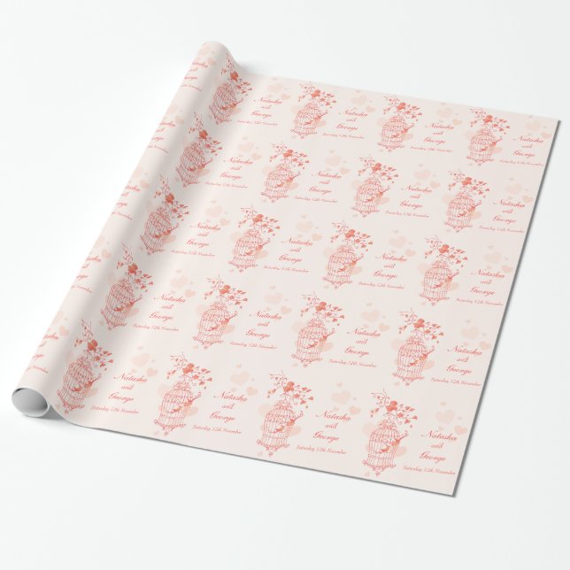 Papel De Presente Birds cage coral orange wedding custom wrap (Desenrolado)