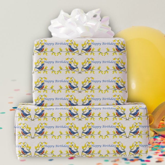 Papel De Presente Birthday Blue Red Birds em Branch Flowers White (Red blue birds sitting on branches bright yellow flowers on white Happy Birthday wrapping paper.)