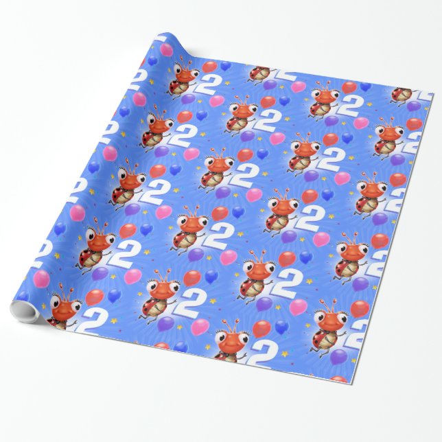 Papel De Presente Birthday Boy ou Girl age 2 Ladybug embrulhando pap (Desenrolado)