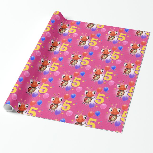 Papel De Presente Birthday Boy ou Girl age 5 Ladybug embrulhando pap (Desenrolado)