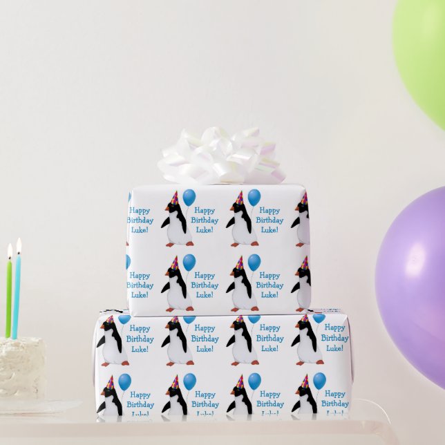 Papel De Presente Birthday Penguin Blue Balloon Name Wrappaper (Presentes para festas)