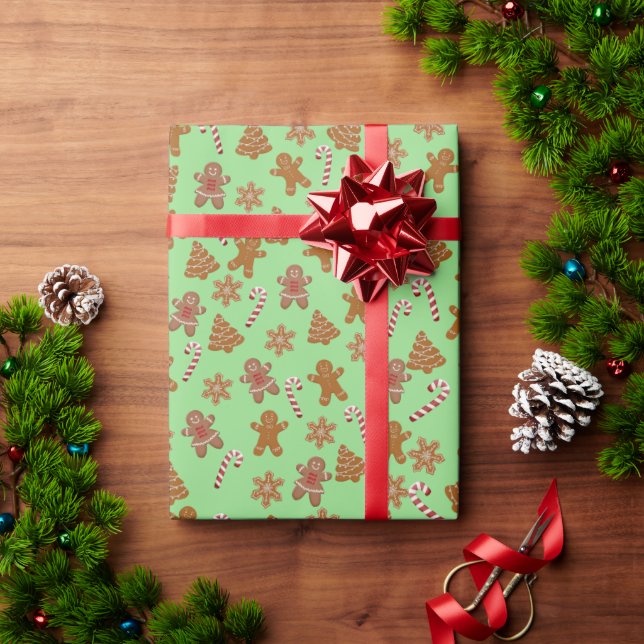 Papel De Presente biscoitos de gengibre e bastões de doces em verde (Presente de Natal)