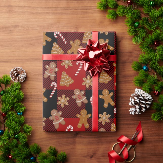 Papel De Presente Biscoitos de Gengibre e Bastões de Doces em Xadrez (Presente de Natal)