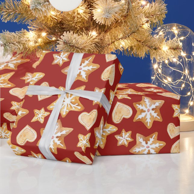 Papel De Presente Biscoitos de Natal de Gengibre Aquarela Vermelhos  (Feriados)