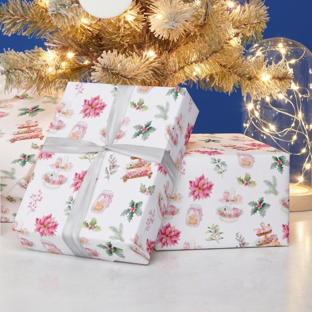 Papel De Presente Biscoitos de Natal e Folhagem Rosa (Feriados)