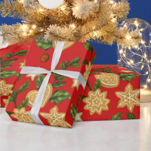 Papel De Presente Biscoitos de Pão de Natal e Berries Vermelho