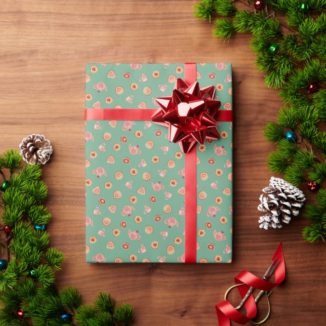 Papel De Presente Biscoitos Festivos e Chá de Festa Padrão Verde (Presente de Natal)