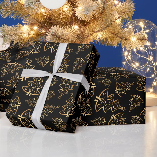 Papel De Presente Black and Gold Elegant Christmas Trees (Feriados)