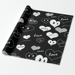 Papel De Presente Black and White Hearts Love Xoxo Wrappaper