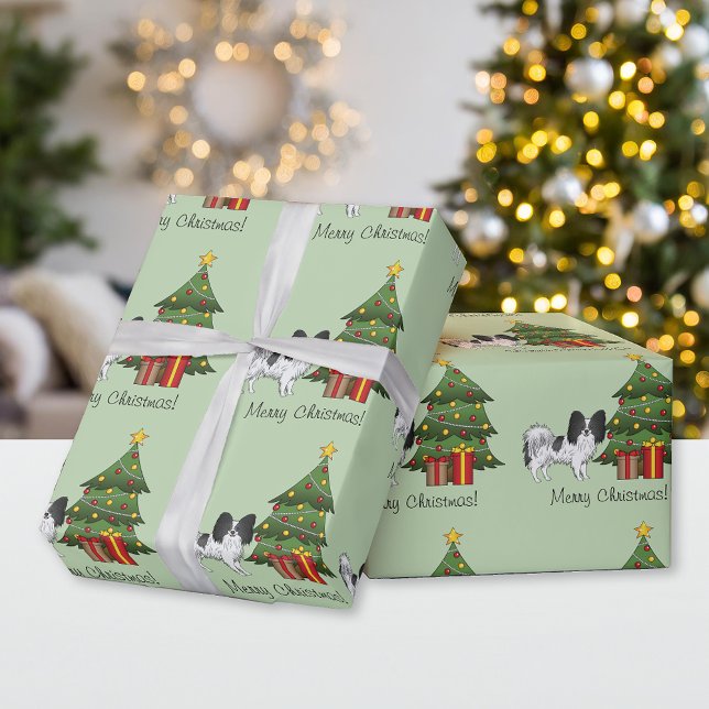 Papel De Presente Black And White Papillon Dog By The Christmas Tree (Criador carregado)