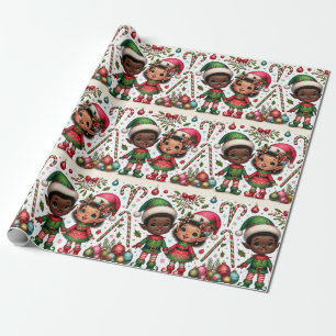 Papel De Presente Black Boy and Girl Elves Christmas Wrappaper
