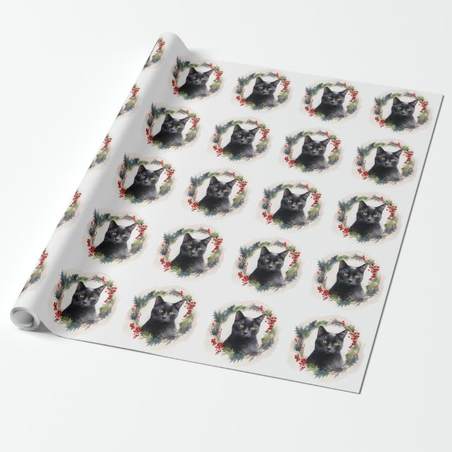 Papel De Presente Black Cat Wreath Festivo Kitten (Desenrolado)