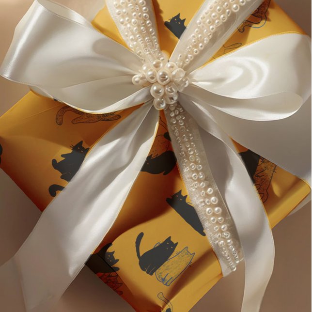 Papel De Presente Black Cats on Mustard with Blue Outlines– Modern  (Criador carregado)