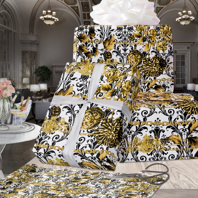 Papel De Presente Black Dourado Acanthus Leaf Chats Floral Dourado B (Criador carregado)