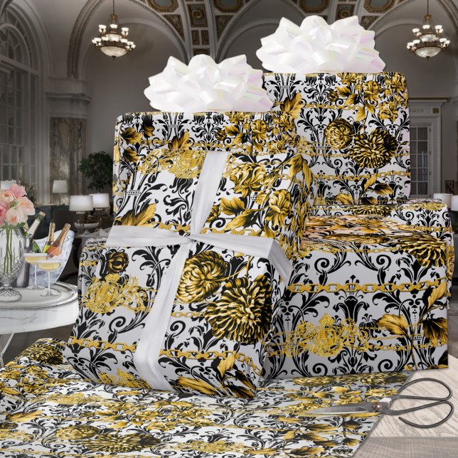 Papel De Presente Black Dourado Silver Floral Damasco Acanthus Folaf (Criador carregado)