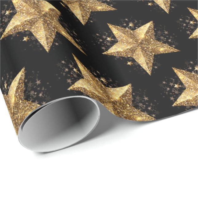 Papel De Presente Black Elegant Gold Stars Pattern New Year winter (Ponta do rolo)