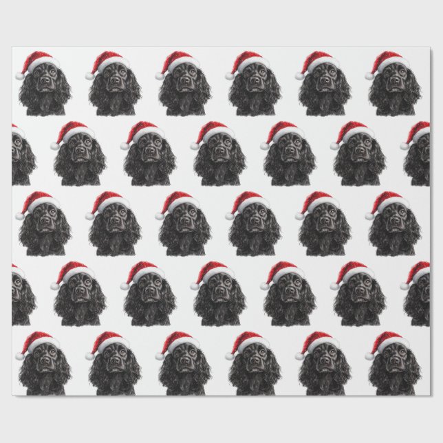 Papel De Presente Black English Cocker Spaniel Dog with Santa Hat (Aberto)