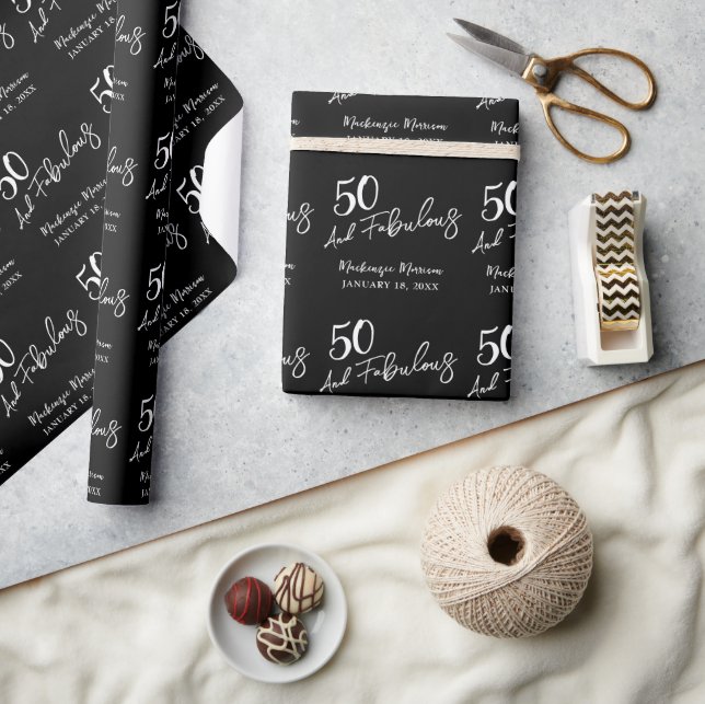 Papel De Presente Black Fifty and Fabulous Script Birthday Party (Artesanato)