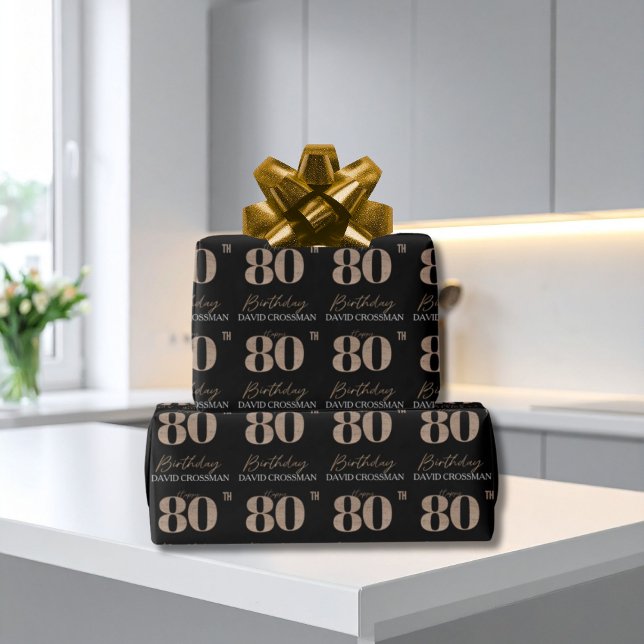 Papel De Presente Black & Gold Elegant Glitter 80th Birthday  (Criador carregado)