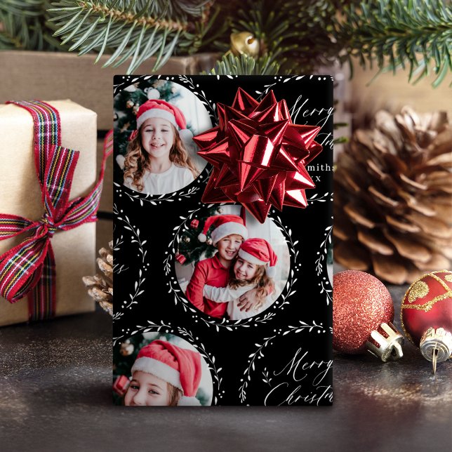 Papel De Presente Black Moderno Script Feliz Natal Família 6 foto (Black Modern Script Merry Christmas Family 6 photo Wrapping Paper)