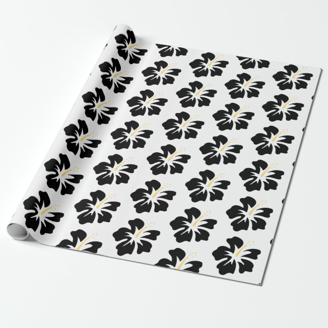 Papel De Presente Black on White Hibiscus (Desenrolado)