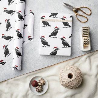 Papel De Presente Black raven crow with red santa hat pattern