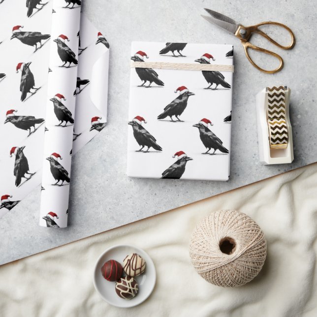 Papel De Presente Black raven crow with red santa hat pattern (Artesanato)