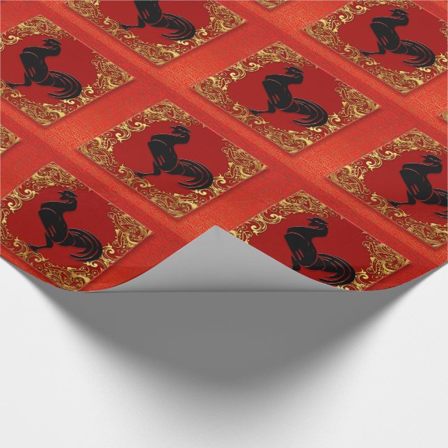 Papel De Presente Black Rooster Chinês Zodibose Vermelho e Dourado (Ponta)