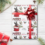 Papel De Presente Black Scottish Terrier Dog Christmas Gift Bag<br><div class="desc">O padrão repetido neste belo papel de embrulho de Natal é uma imagem de um adorável cão Terrier escocês espiando-se de um saco de presentes de Natal. Atrás dele está um sorvedouro de bagas sagradas e vermelhas. Um pássaro toucinho vermelho e preto está prestes a pousar. O texto da xadrez...</div>