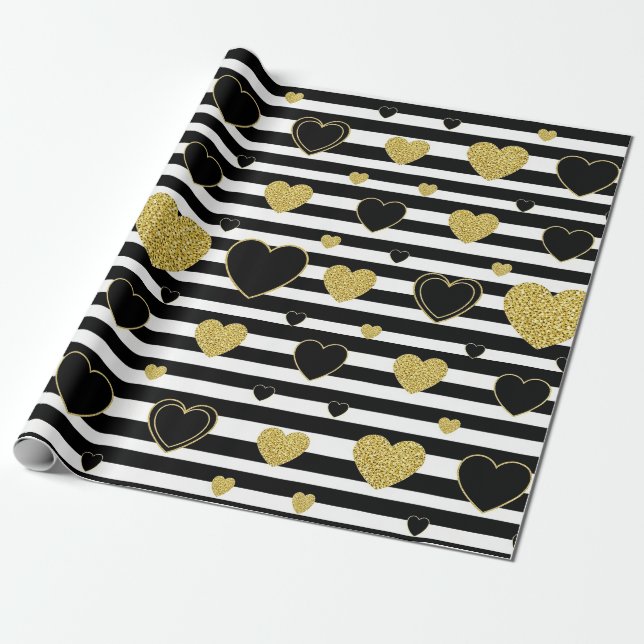 Papel De Presente Black Stripe Gold Heart Glam Pattern (7) (Desenrolado)