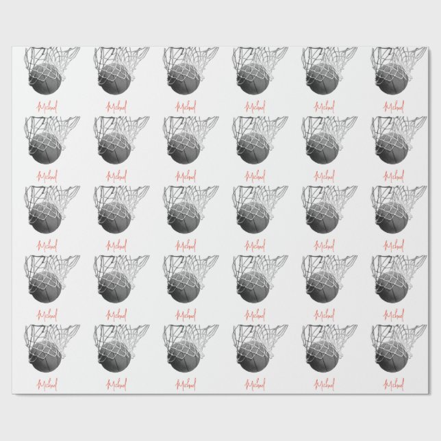 Papel De Presente Black & White Basketball Ball & Net Your Name (Aberto)