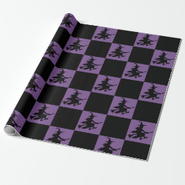 Papel De Presente Black Witches on Purple Checkered Wrapping Paper